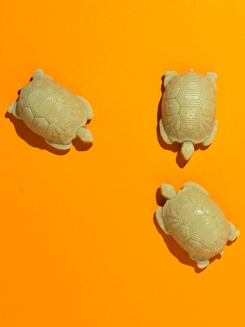 Aufsicht auf drei Seifen von Savon du Midi in Tierform. Schildkröte, Fisch und Krokodil.